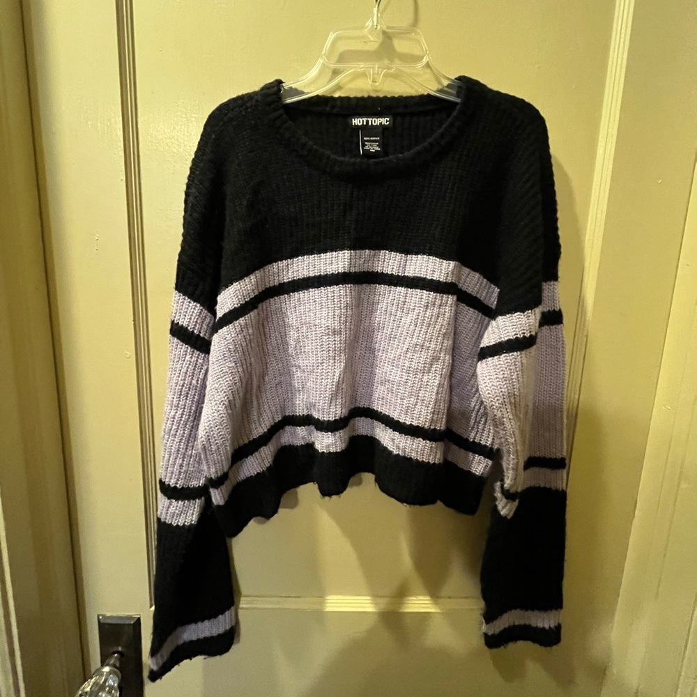 Hot Topic Cropped Lavender and Black Striped Sweater